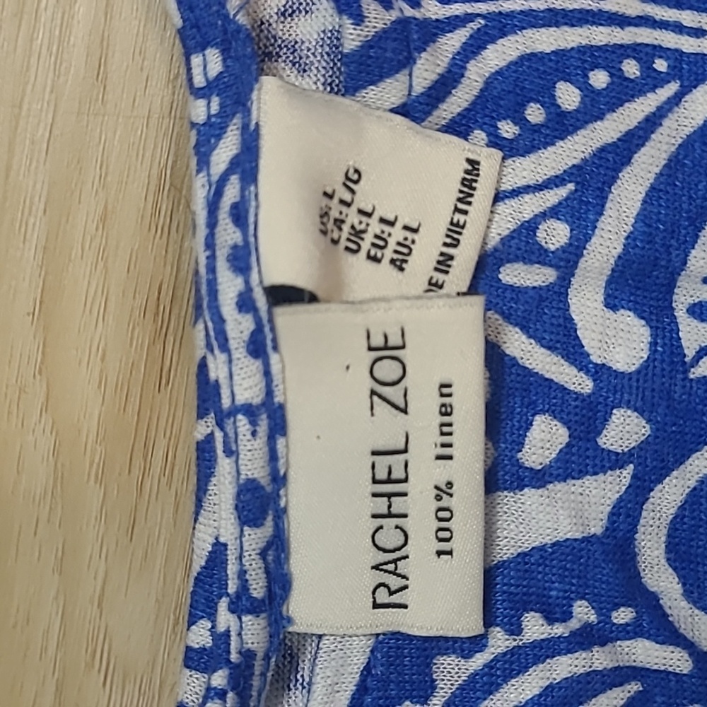 RACHEL ZOE Boho Printed Pattern 2 pc Large Wide Leg Pant Set Blue 100% Linen L - Picture 3 of 11
